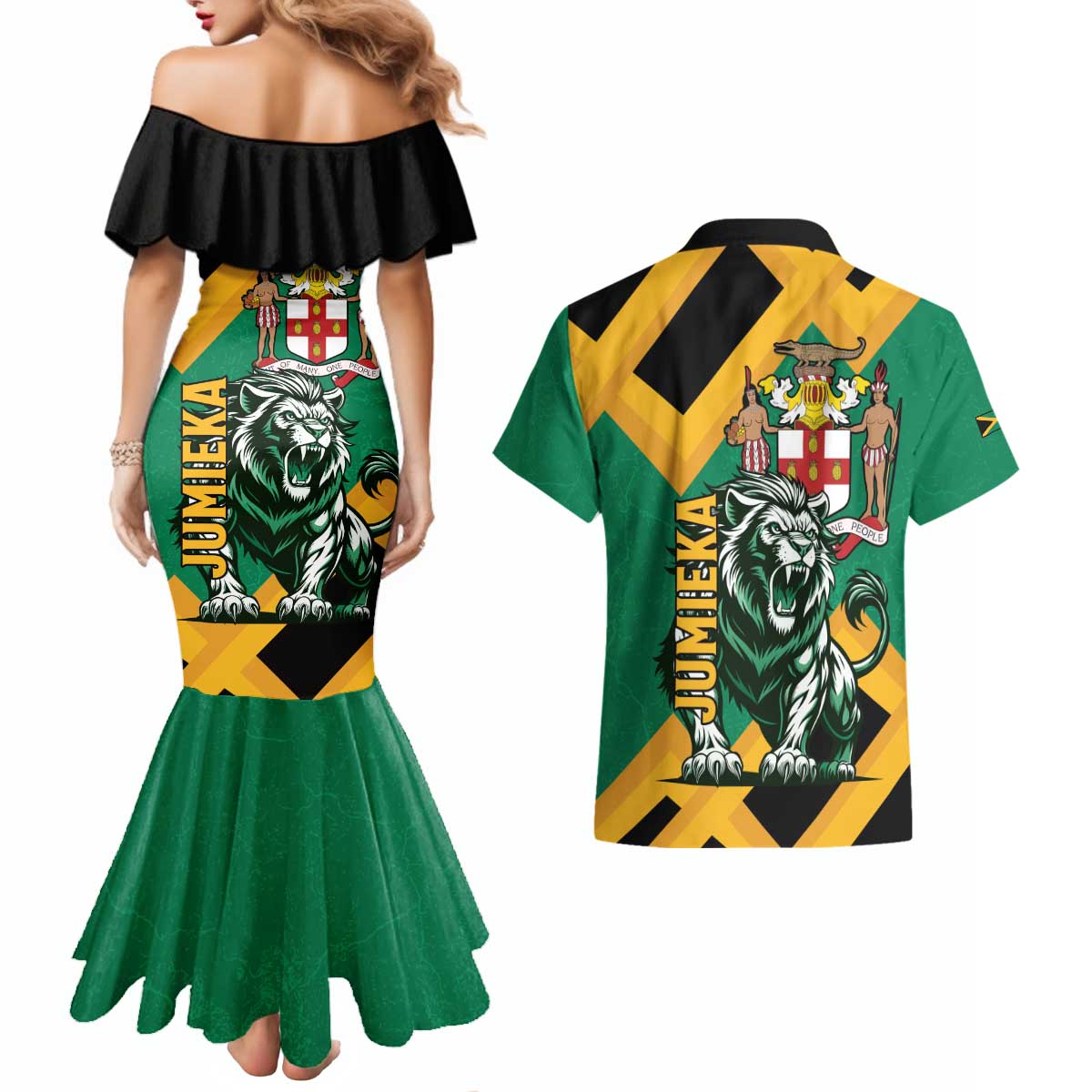 Jamaica Lion Couples Matching Mermaid Dress and Hawaiian Shirt Coat Of Arms - Sporty Style