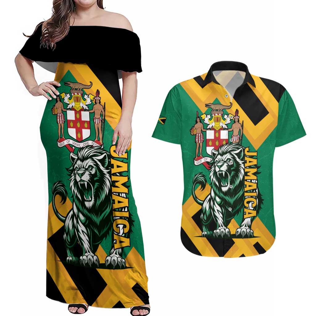 Jamaica Lion Couples Matching Off Shoulder Maxi Dress and Hawaiian Shirt Coat Of Arms - Sporty Style