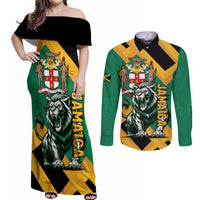 Jamaica Lion Couples Matching Off Shoulder Maxi Dress and Long Sleeve Button Shirt Coat Of Arms - Sporty Style