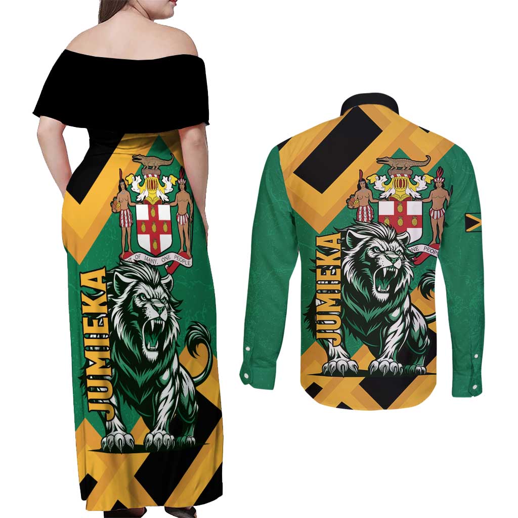 Jamaica Lion Couples Matching Off Shoulder Maxi Dress and Long Sleeve Button Shirt Coat Of Arms - Sporty Style