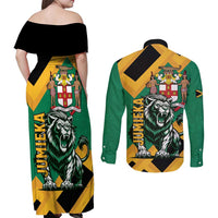 Jamaica Lion Couples Matching Off Shoulder Maxi Dress and Long Sleeve Button Shirt Coat Of Arms - Sporty Style