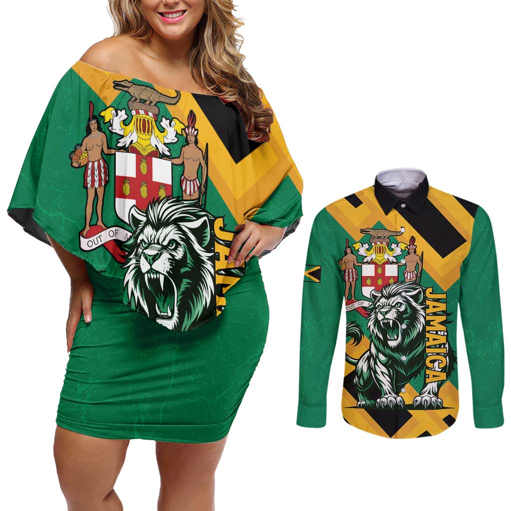 Jamaica Lion Couples Matching Off Shoulder Short Dress and Long Sleeve Button Shirt Coat Of Arms - Sporty Style