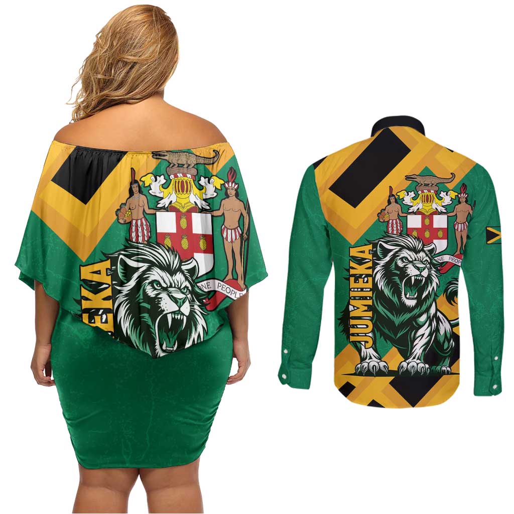 Jamaica Lion Couples Matching Off Shoulder Short Dress and Long Sleeve Button Shirt Coat Of Arms - Sporty Style