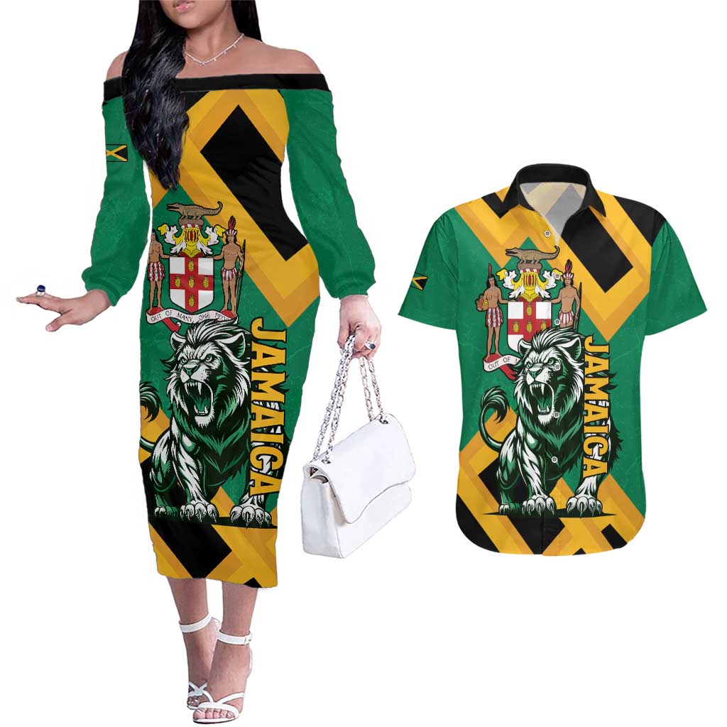 Jamaica Lion Couples Matching Off The Shoulder Long Sleeve Dress and Hawaiian Shirt Coat Of Arms - Sporty Style