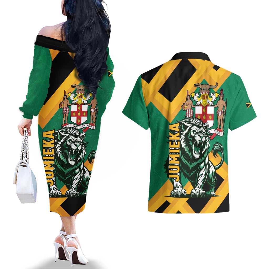 Jamaica Lion Couples Matching Off The Shoulder Long Sleeve Dress and Hawaiian Shirt Coat Of Arms - Sporty Style