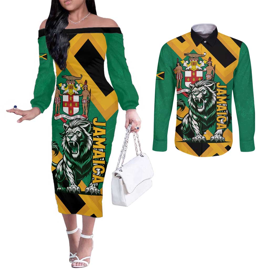 Jamaica Lion Couples Matching Off The Shoulder Long Sleeve Dress and Long Sleeve Button Shirt Coat Of Arms - Sporty Style