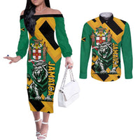 Jamaica Lion Couples Matching Off The Shoulder Long Sleeve Dress and Long Sleeve Button Shirt Coat Of Arms - Sporty Style