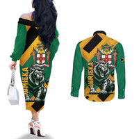 Jamaica Lion Couples Matching Off The Shoulder Long Sleeve Dress and Long Sleeve Button Shirt Coat Of Arms - Sporty Style