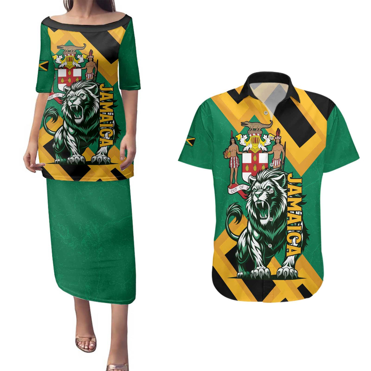 Jamaica Lion Couples Matching Puletasi and Hawaiian Shirt Coat Of Arms - Sporty Style