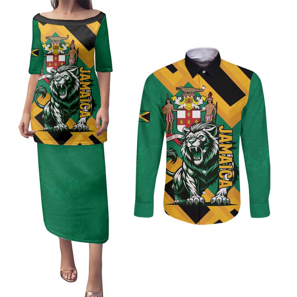 Jamaica Lion Couples Matching Puletasi and Long Sleeve Button Shirt Coat Of Arms - Sporty Style