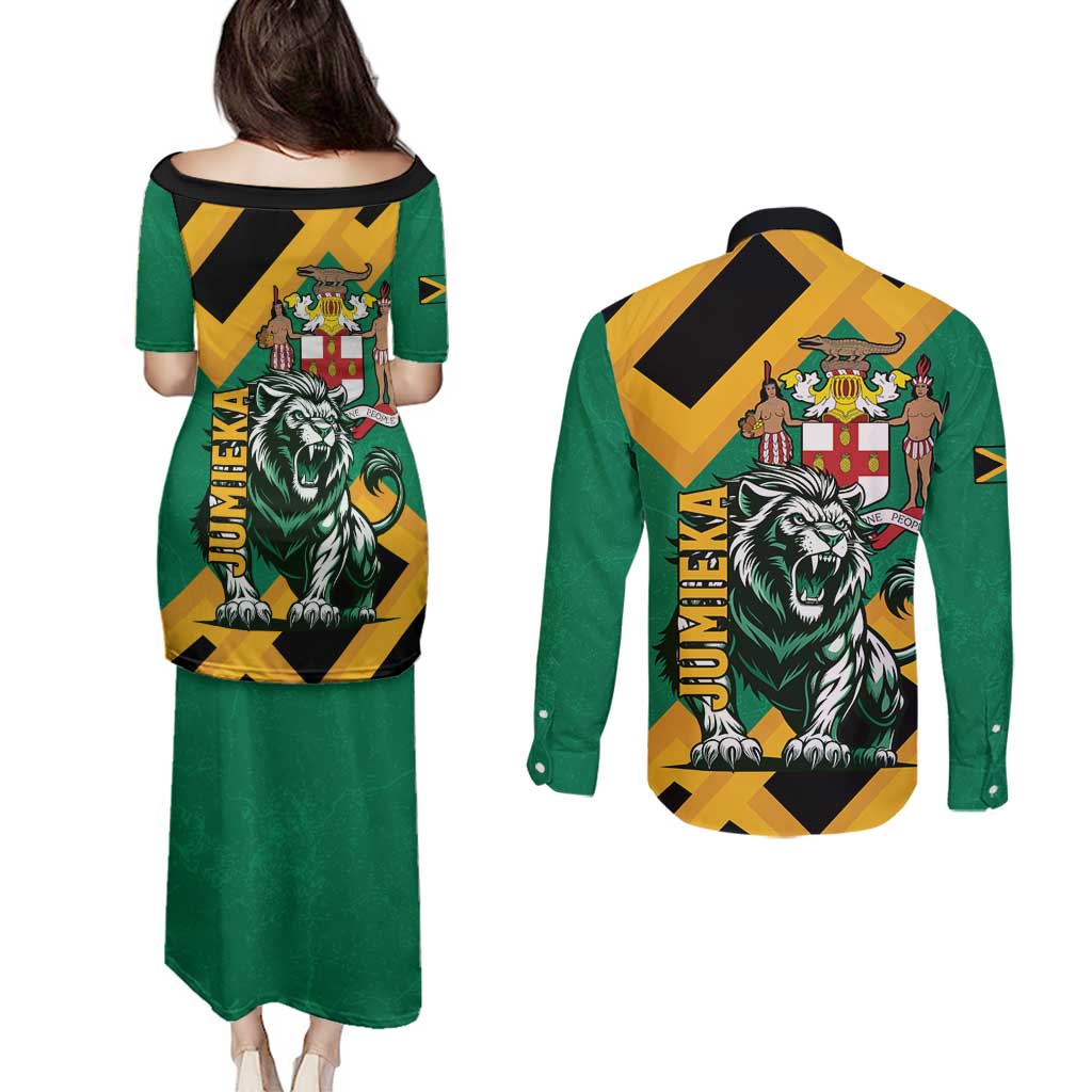 Jamaica Lion Couples Matching Puletasi and Long Sleeve Button Shirt Coat Of Arms - Sporty Style