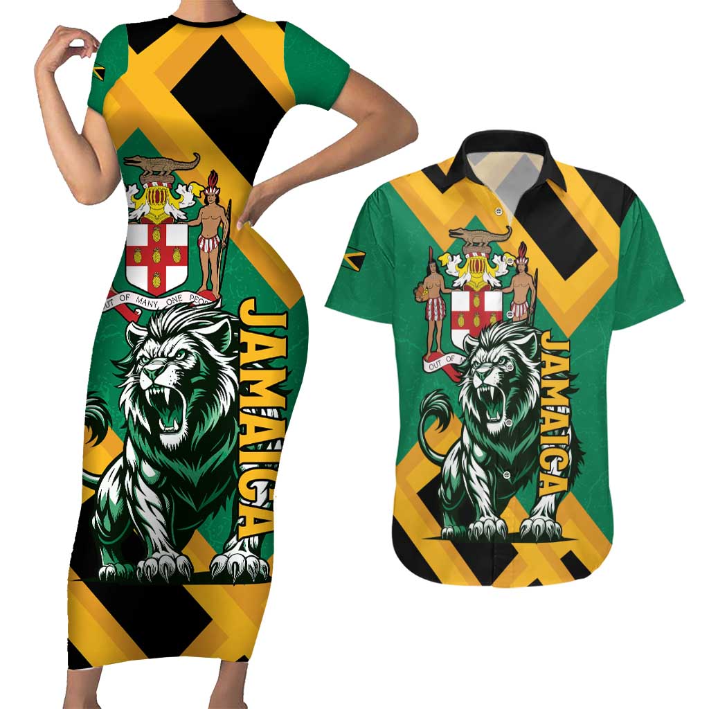 Jamaica Lion Couples Matching Short Sleeve Bodycon Dress and Hawaiian Shirt Coat Of Arms - Sporty Style