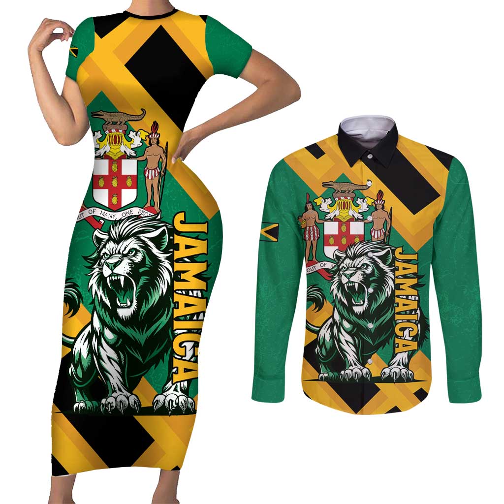 Jamaica Lion Couples Matching Short Sleeve Bodycon Dress and Long Sleeve Button Shirt Coat Of Arms - Sporty Style
