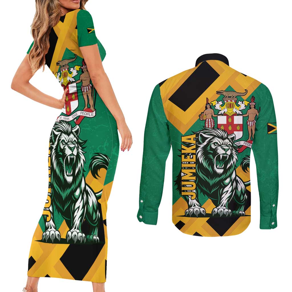 Jamaica Lion Couples Matching Short Sleeve Bodycon Dress and Long Sleeve Button Shirt Coat Of Arms - Sporty Style