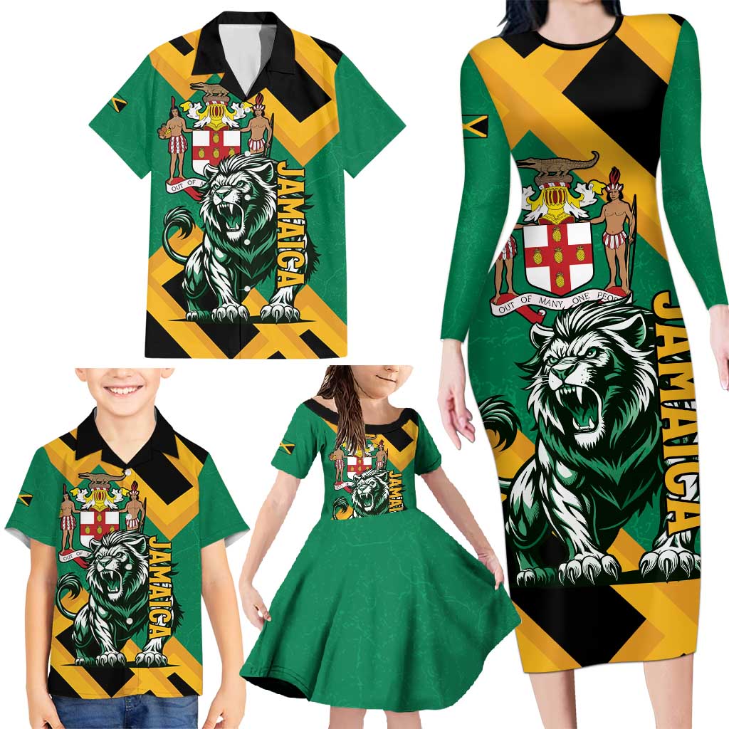 Jamaica Lion Family Matching Long Sleeve Bodycon Dress and Hawaiian Shirt Coat Of Arms - Sporty Style