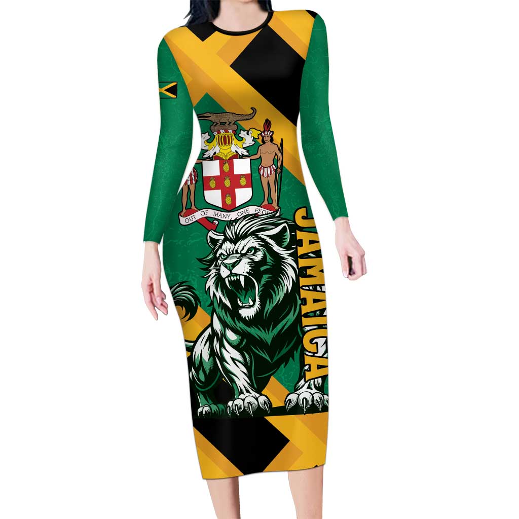 Jamaica Lion Family Matching Long Sleeve Bodycon Dress and Hawaiian Shirt Coat Of Arms - Sporty Style