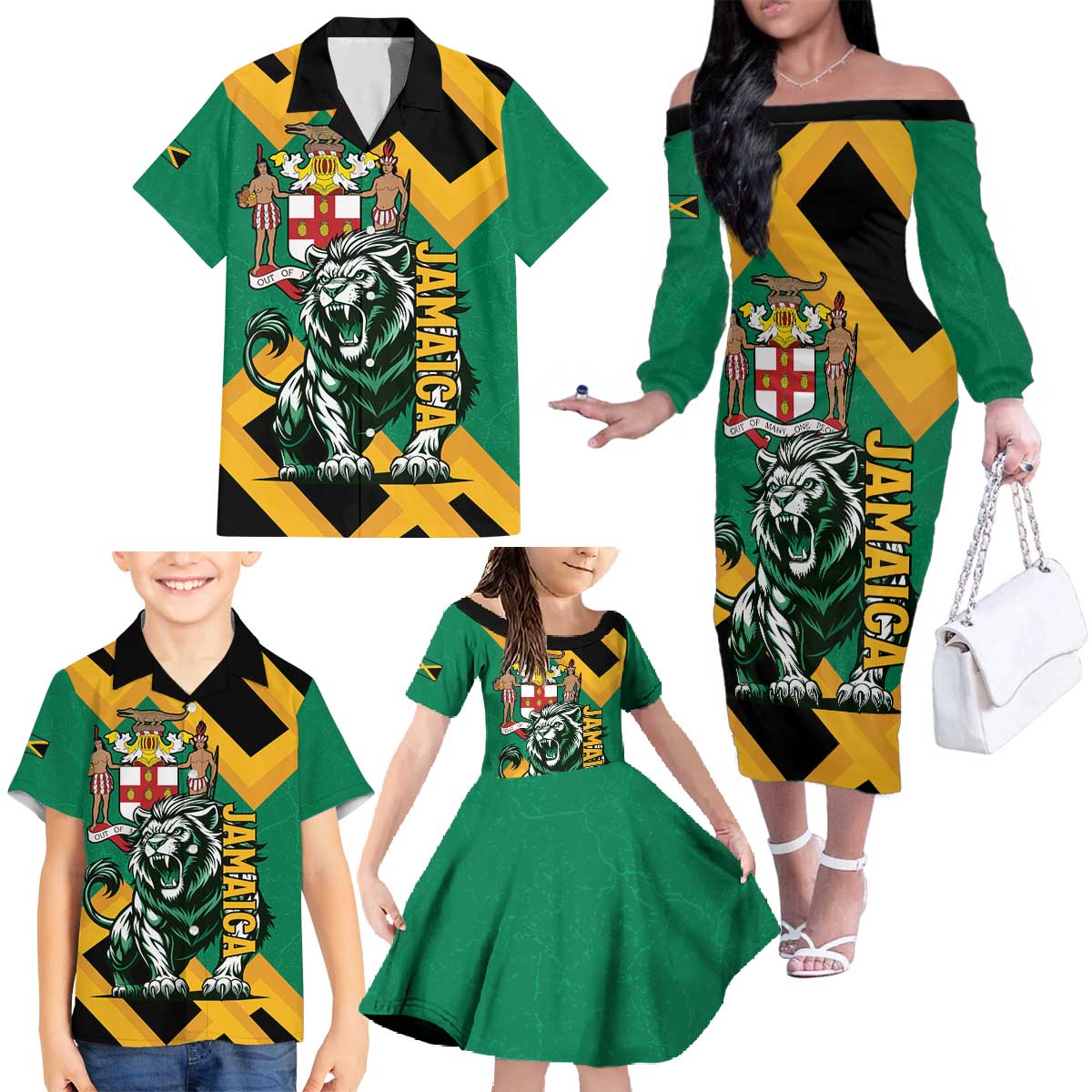 Jamaica Lion Family Matching Off The Shoulder Long Sleeve Dress and Hawaiian Shirt Coat Of Arms - Sporty Style