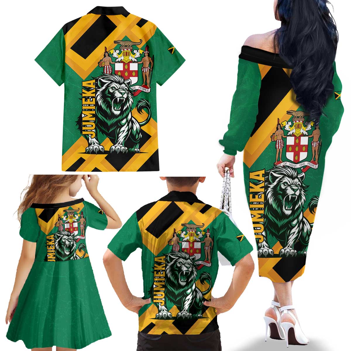 Jamaica Lion Family Matching Off The Shoulder Long Sleeve Dress and Hawaiian Shirt Coat Of Arms - Sporty Style
