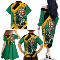 Jamaica Lion Family Matching Off The Shoulder Long Sleeve Dress and Hawaiian Shirt Coat Of Arms - Sporty Style
