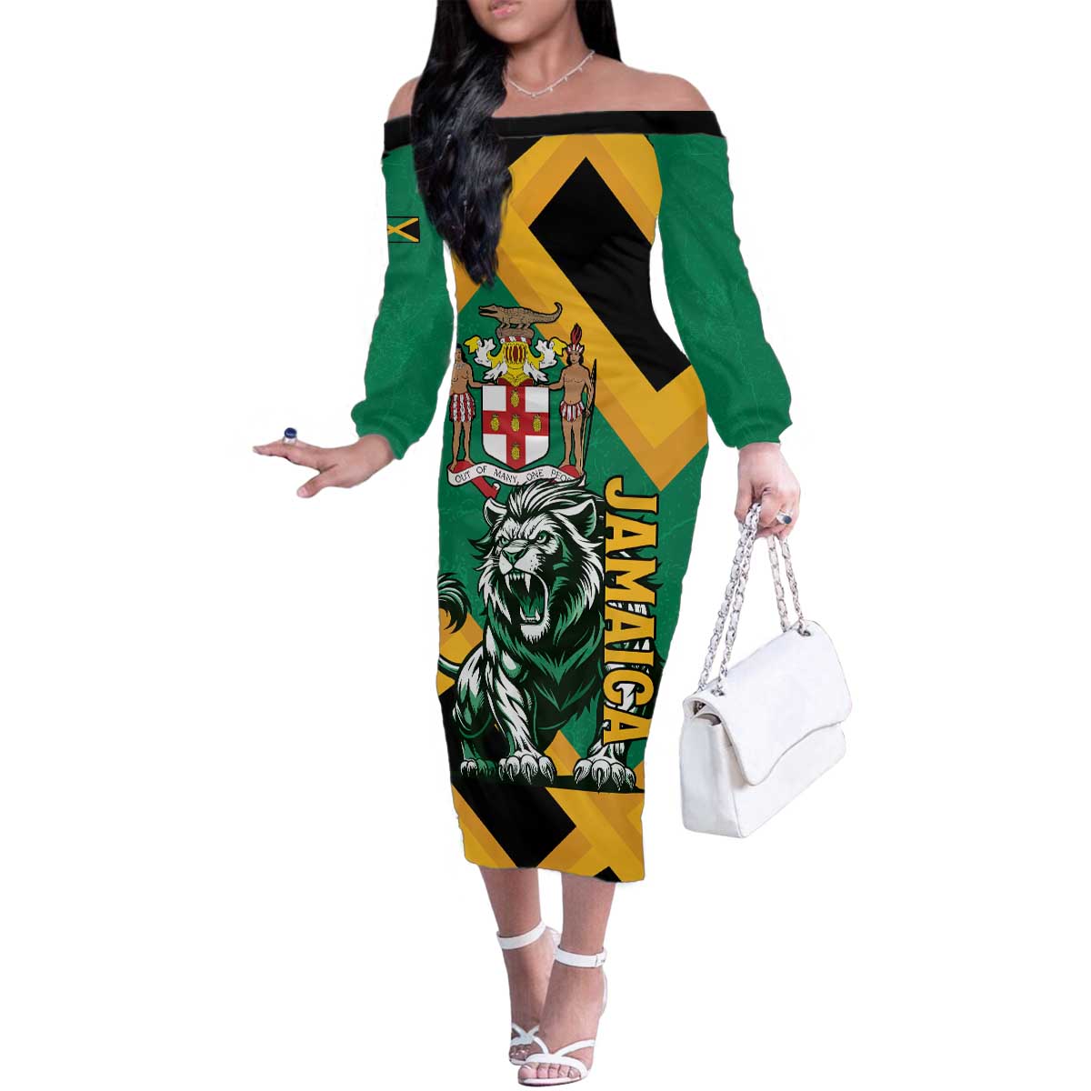 Jamaica Lion Family Matching Off The Shoulder Long Sleeve Dress and Hawaiian Shirt Coat Of Arms - Sporty Style