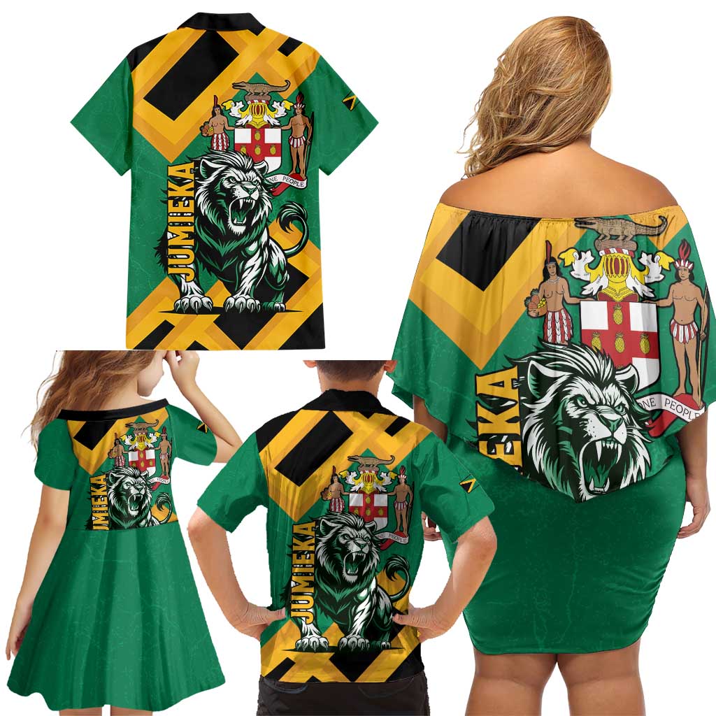 Jamaica Lion Family Matching Off Shoulder Short Dress and Hawaiian Shirt Coat Of Arms - Sporty Style