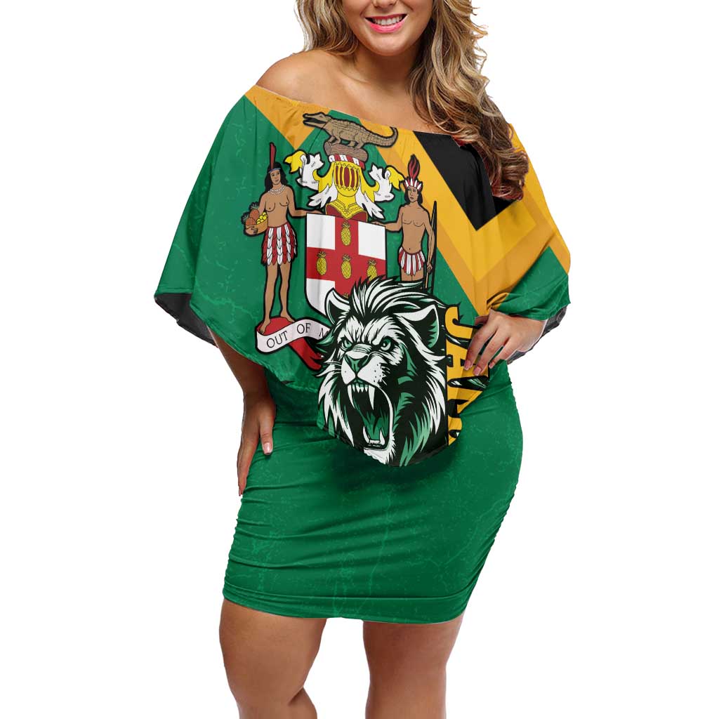 Jamaica Lion Family Matching Off Shoulder Short Dress and Hawaiian Shirt Coat Of Arms - Sporty Style
