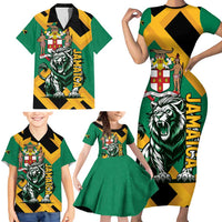 Jamaica Lion Family Matching Short Sleeve Bodycon Dress and Hawaiian Shirt Coat Of Arms - Sporty Style