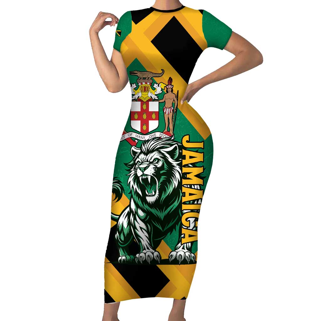 Jamaica Lion Family Matching Short Sleeve Bodycon Dress and Hawaiian Shirt Coat Of Arms - Sporty Style