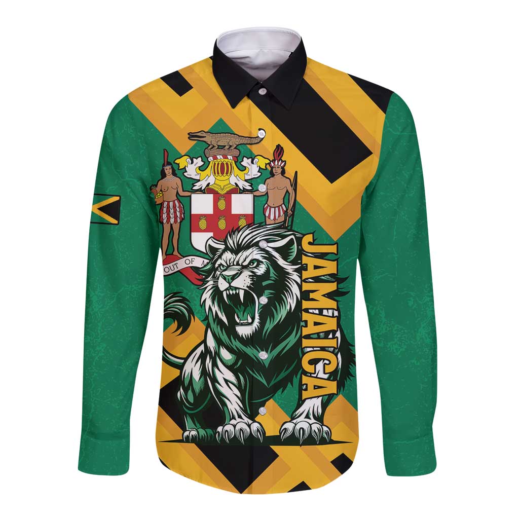 Jamaica Lion Long Sleeve Button Shirt Coat Of Arms - Sporty Style
