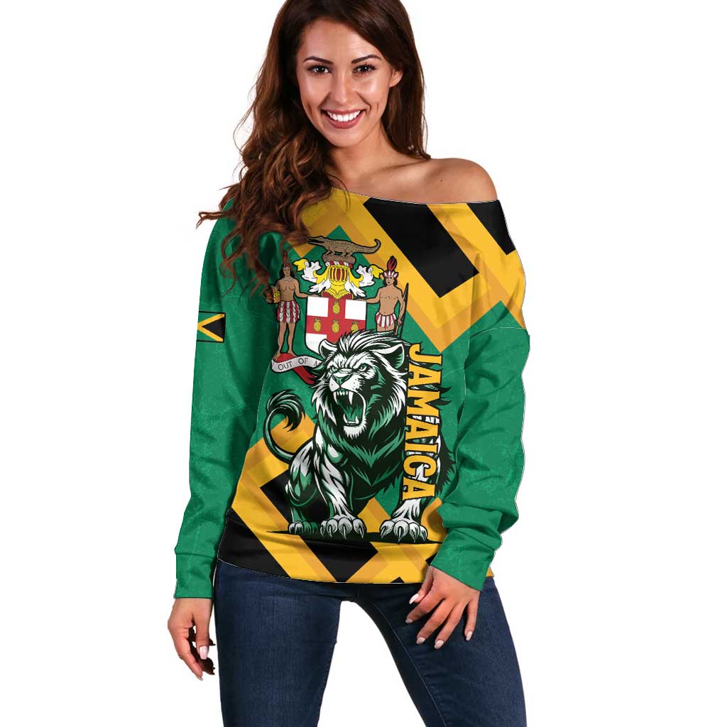 Jamaica Lion Off Shoulder Sweater Coat Of Arms - Sporty Style