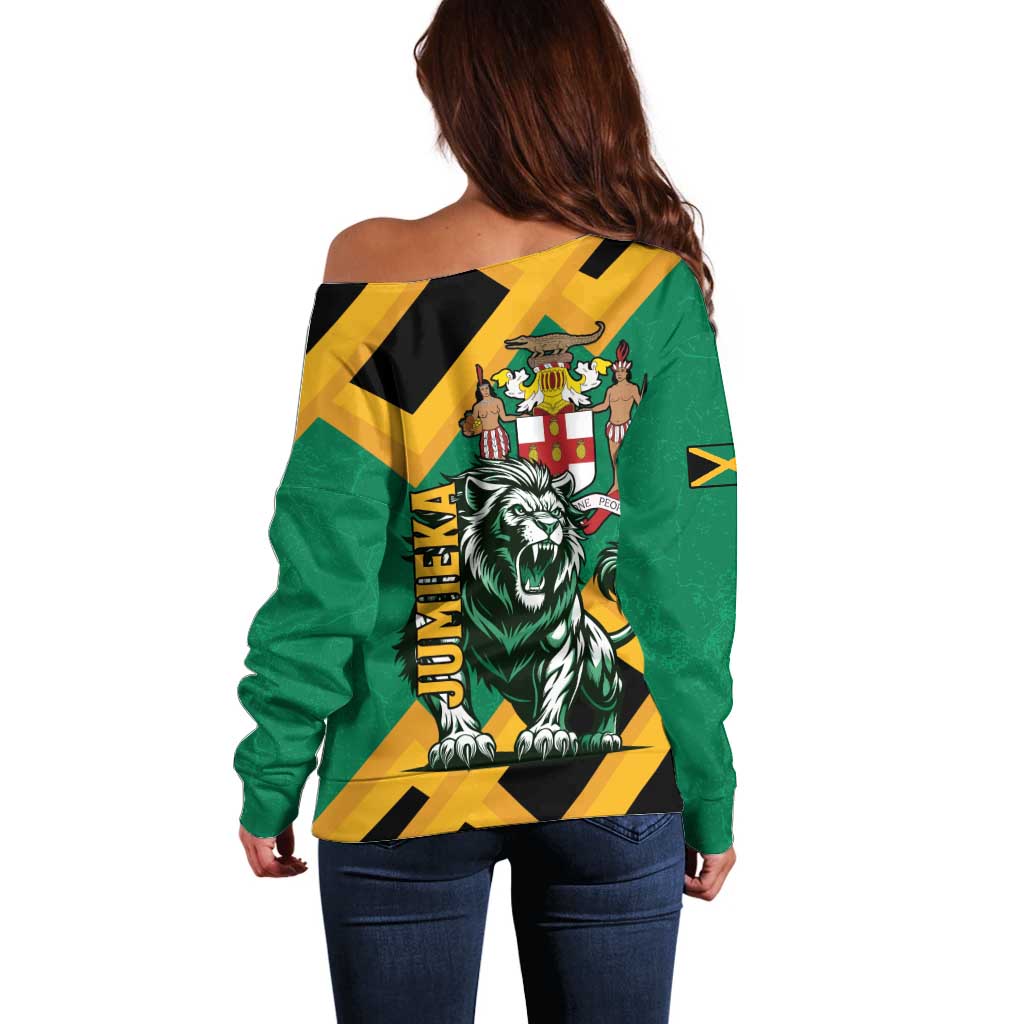 Jamaica Lion Off Shoulder Sweater Coat Of Arms - Sporty Style