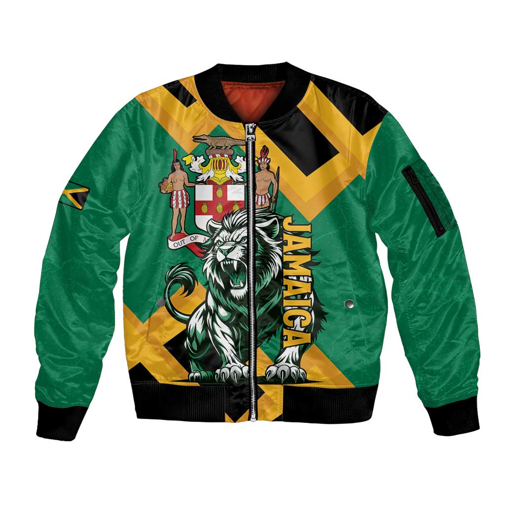 Jamaica Lion Sleeve Zip Bomber Jacket Coat Of Arms - Sporty Style