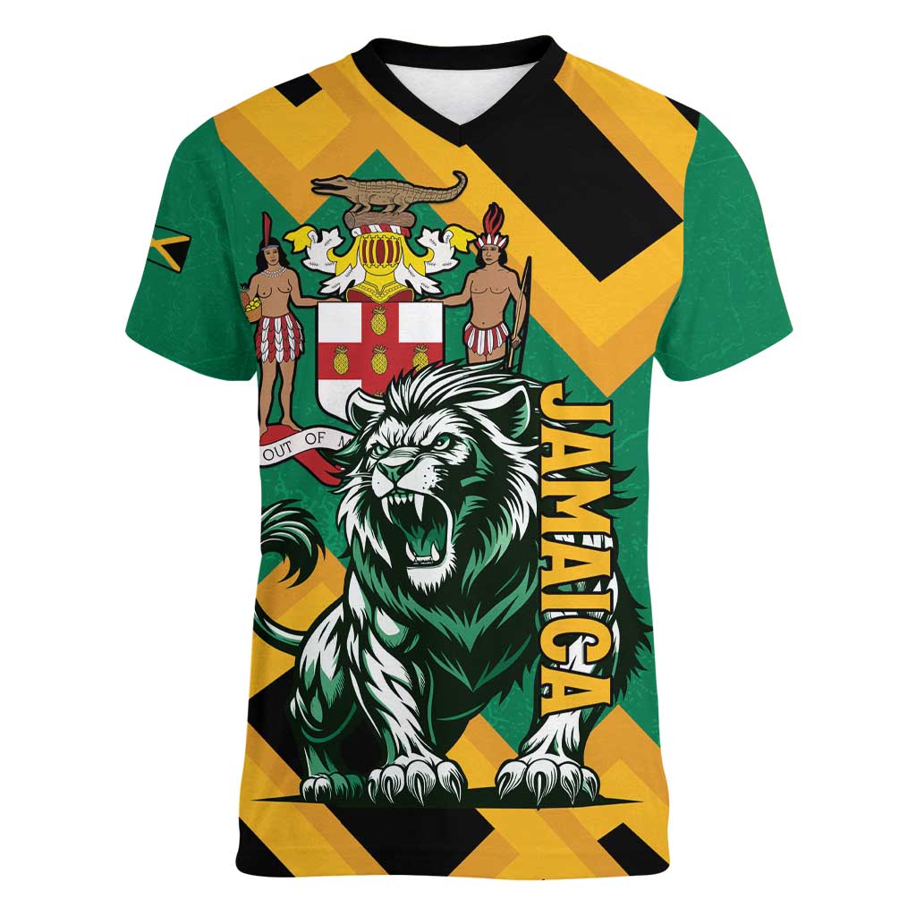 Jamaica Lion Women V-Neck T-Shirt Coat Of Arms - Sporty Style