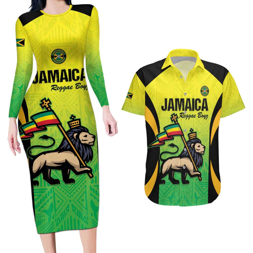 Custom Jamaica Football Couples Matching Long Sleeve Bodycon Dress and Hawaiian Shirt Go Reggae Boyz
