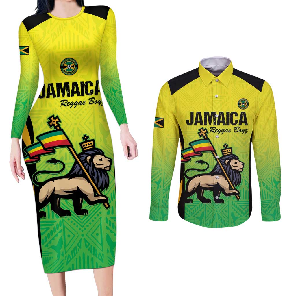 Custom Jamaica Football Couples Matching Long Sleeve Bodycon Dress and Long Sleeve Button Shirt Go Reggae Boyz