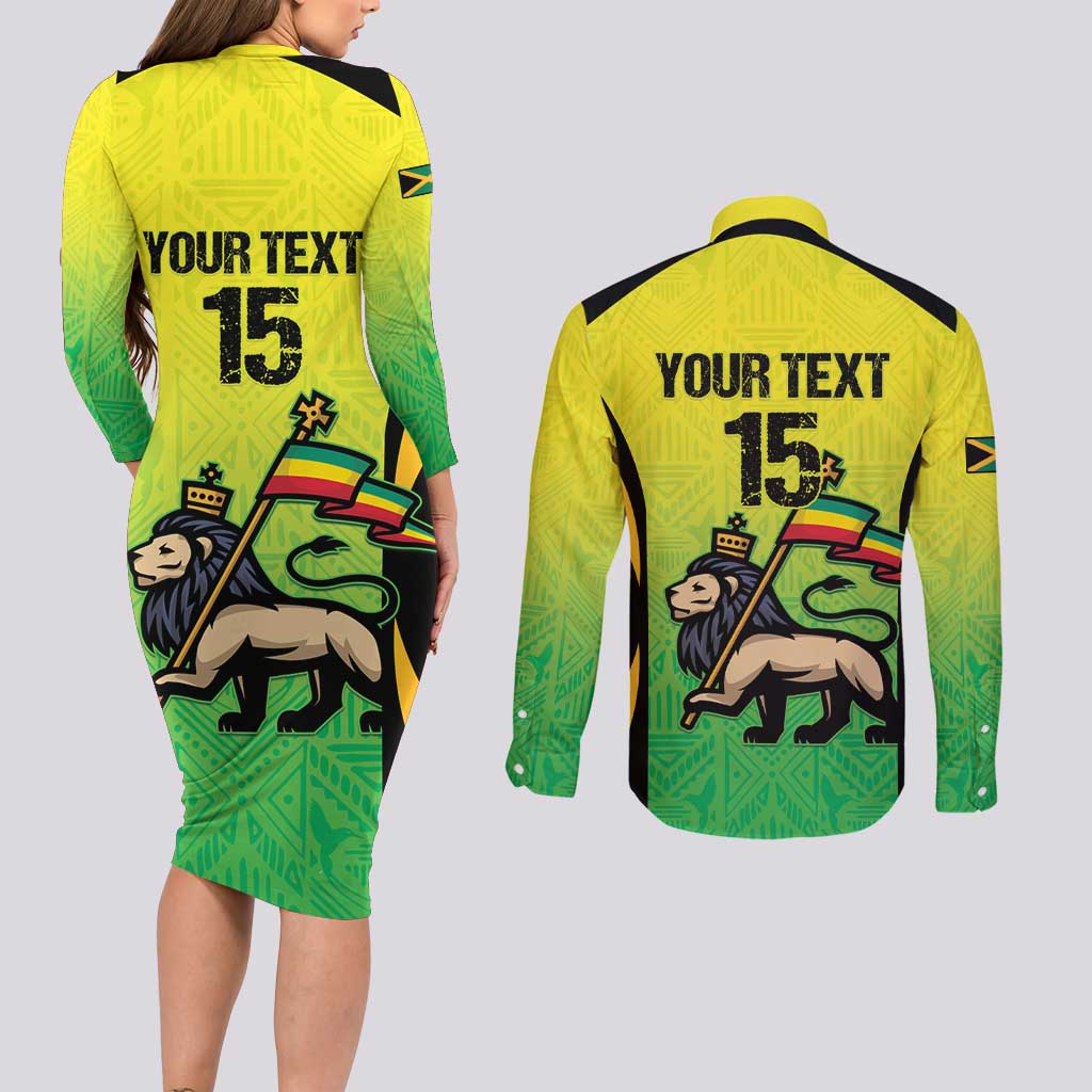 Custom Jamaica Football Couples Matching Long Sleeve Bodycon Dress and Long Sleeve Button Shirt Go Reggae Boyz