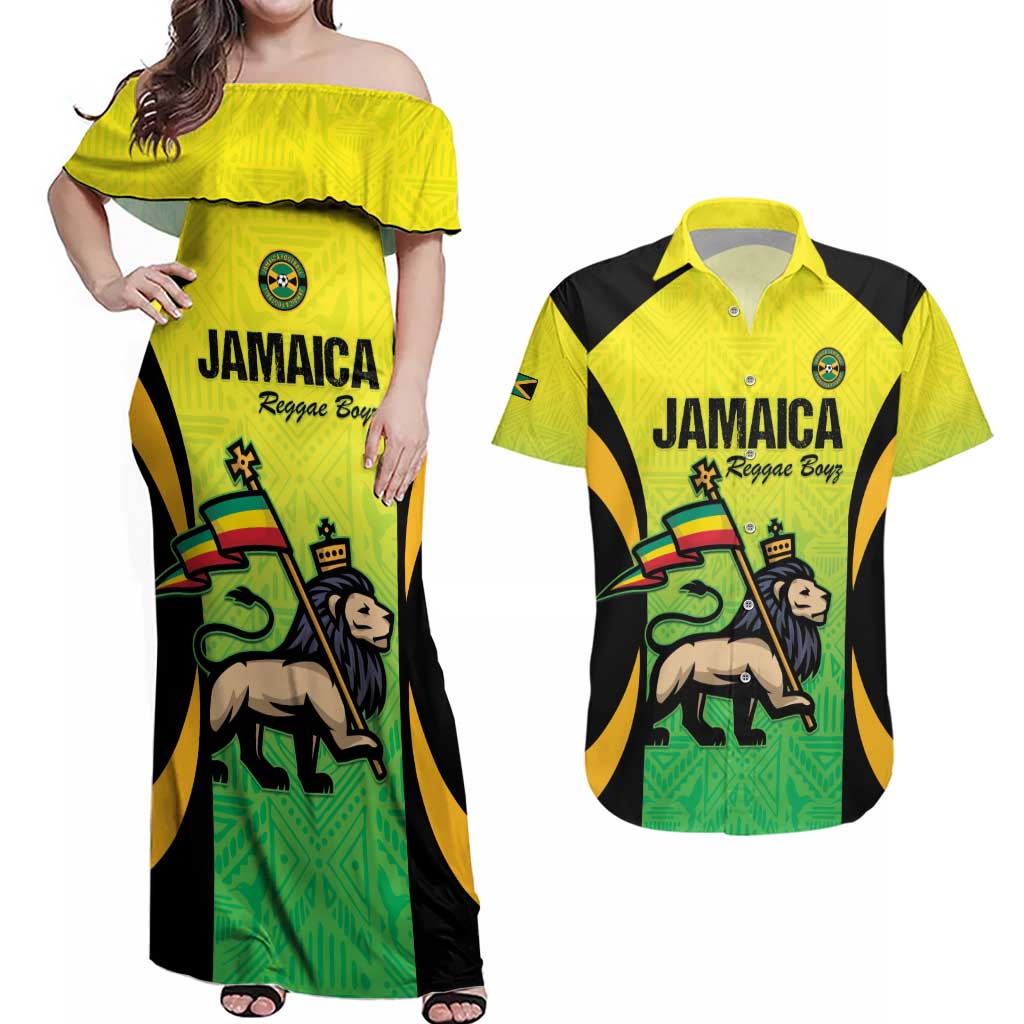 Custom Jamaica Football Couples Matching Off Shoulder Maxi Dress and Hawaiian Shirt Go Reggae Boyz