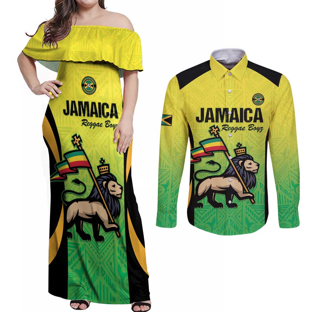 Custom Jamaica Football Couples Matching Off Shoulder Maxi Dress and Long Sleeve Button Shirt Go Reggae Boyz