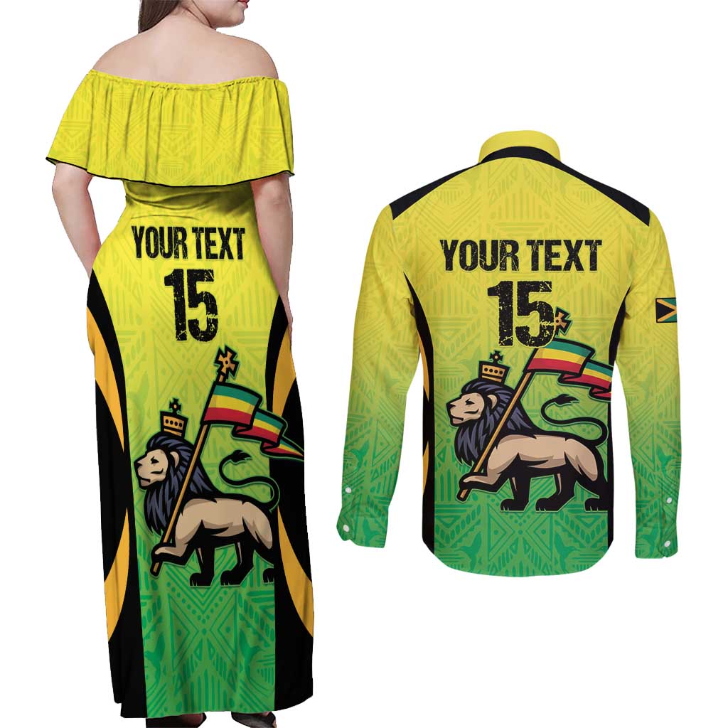 Custom Jamaica Football Couples Matching Off Shoulder Maxi Dress and Long Sleeve Button Shirt Go Reggae Boyz