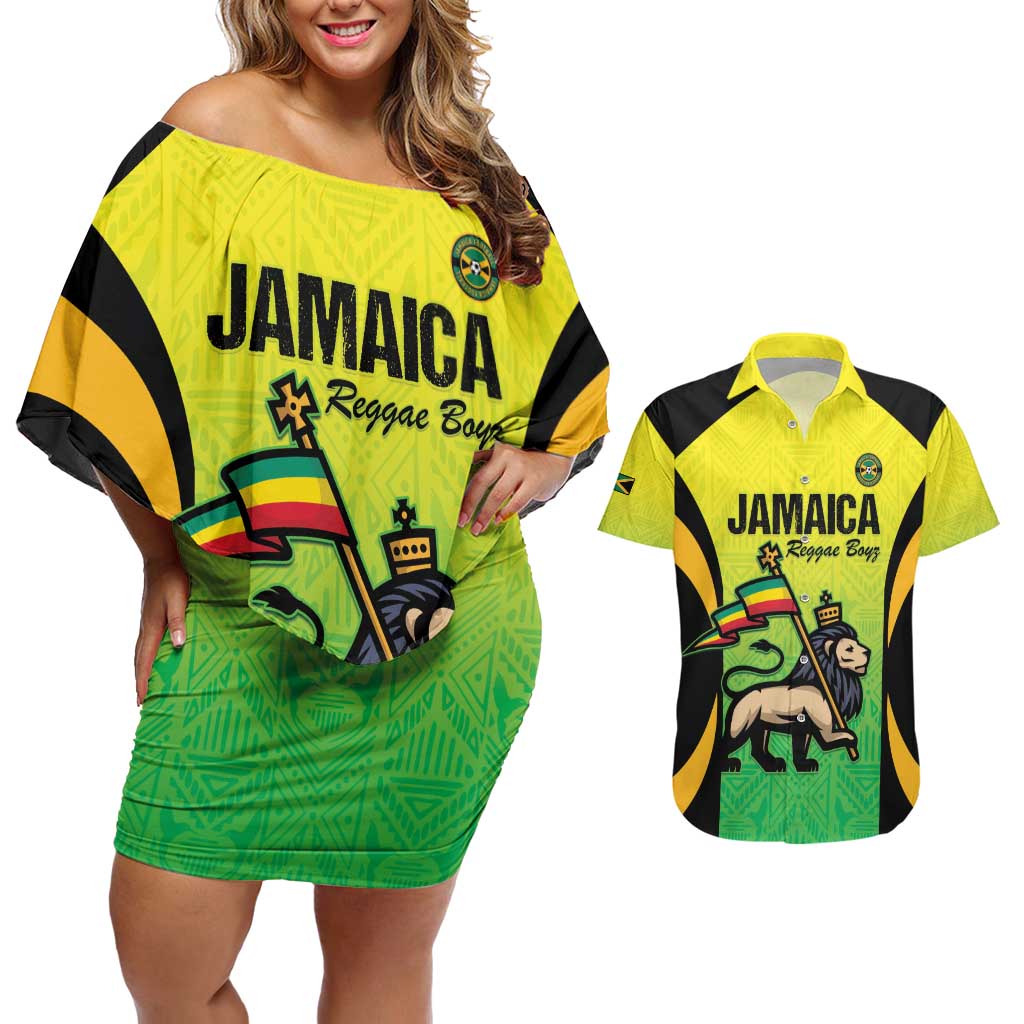 Custom Jamaica Football Couples Matching Off Shoulder Short Dress and Hawaiian Shirt Go Reggae Boyz