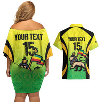 Custom Jamaica Football Couples Matching Off Shoulder Short Dress and Hawaiian Shirt Go Reggae Boyz