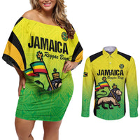 Custom Jamaica Football Couples Matching Off Shoulder Short Dress and Long Sleeve Button Shirt Go Reggae Boyz