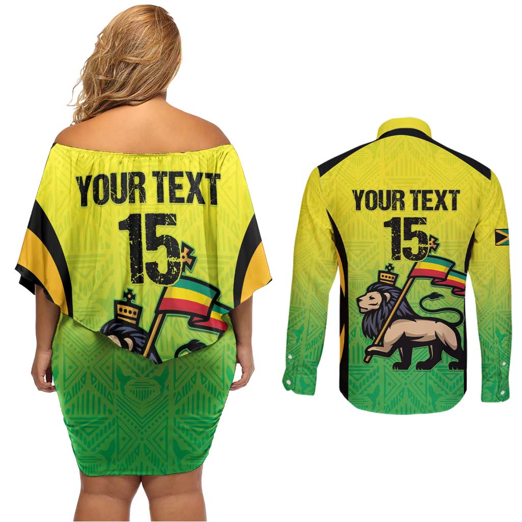 Custom Jamaica Football Couples Matching Off Shoulder Short Dress and Long Sleeve Button Shirt Go Reggae Boyz