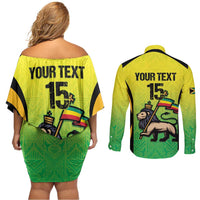 Custom Jamaica Football Couples Matching Off Shoulder Short Dress and Long Sleeve Button Shirt Go Reggae Boyz