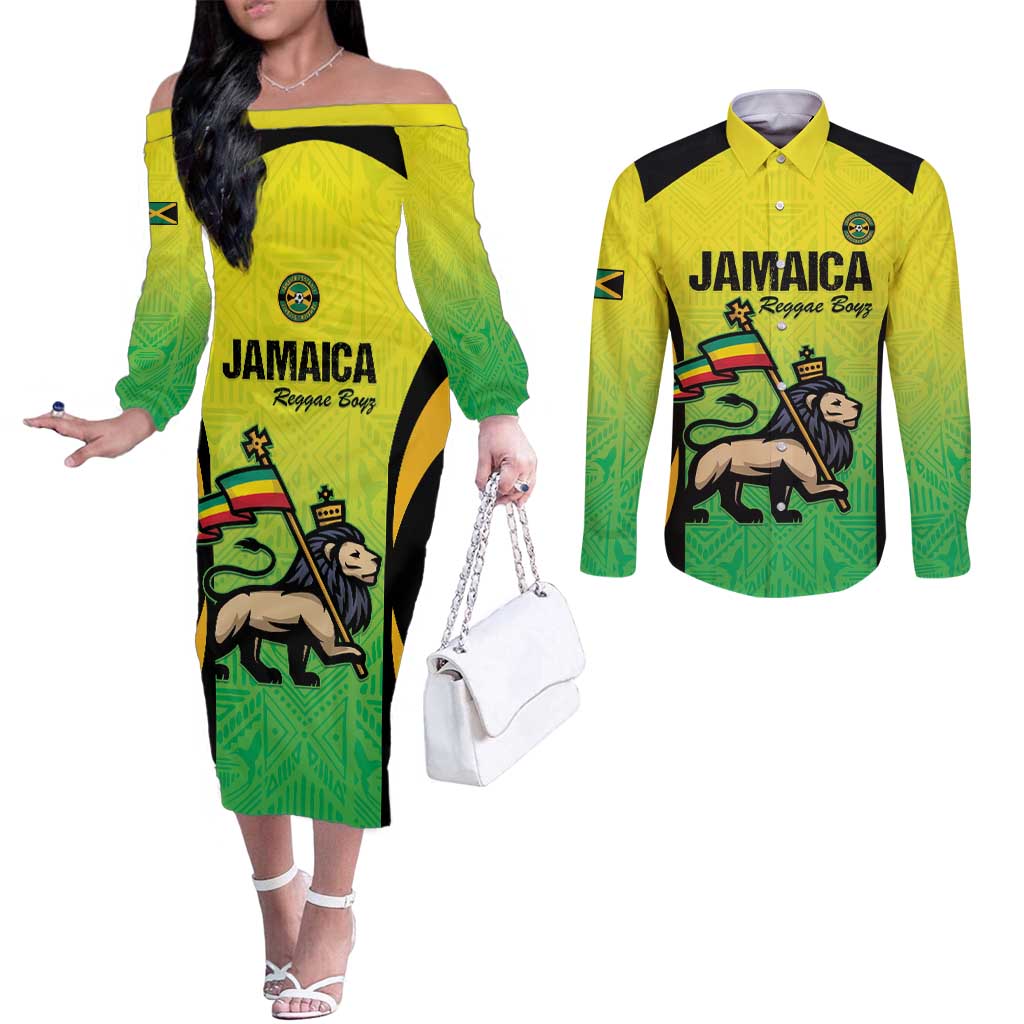 Custom Jamaica Football Couples Matching Off The Shoulder Long Sleeve Dress and Long Sleeve Button Shirt Go Reggae Boyz
