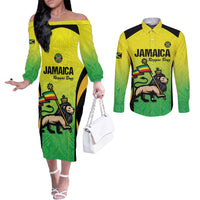 Custom Jamaica Football Couples Matching Off The Shoulder Long Sleeve Dress and Long Sleeve Button Shirt Go Reggae Boyz
