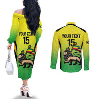 Custom Jamaica Football Couples Matching Off The Shoulder Long Sleeve Dress and Long Sleeve Button Shirt Go Reggae Boyz