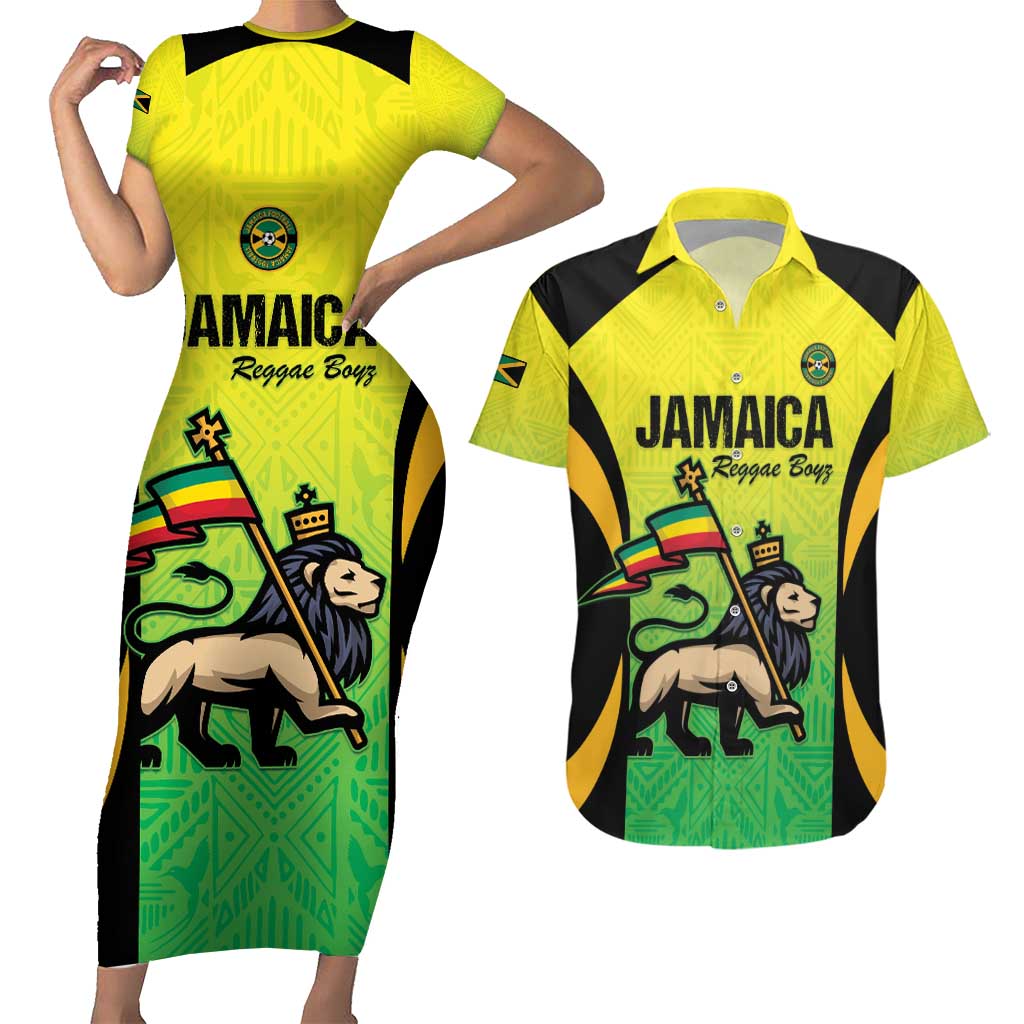 Custom Jamaica Football Couples Matching Short Sleeve Bodycon Dress and Hawaiian Shirt Go Reggae Boyz