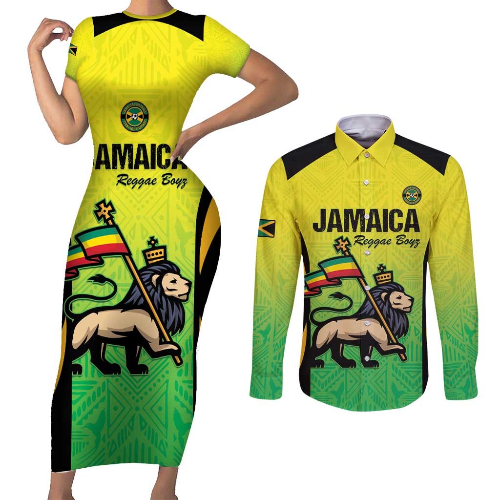 Custom Jamaica Football Couples Matching Short Sleeve Bodycon Dress and Long Sleeve Button Shirt Go Reggae Boyz