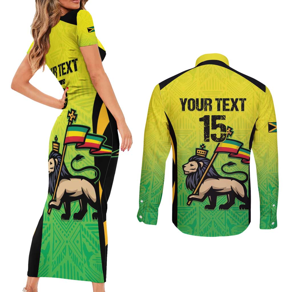 Custom Jamaica Football Couples Matching Short Sleeve Bodycon Dress and Long Sleeve Button Shirt Go Reggae Boyz